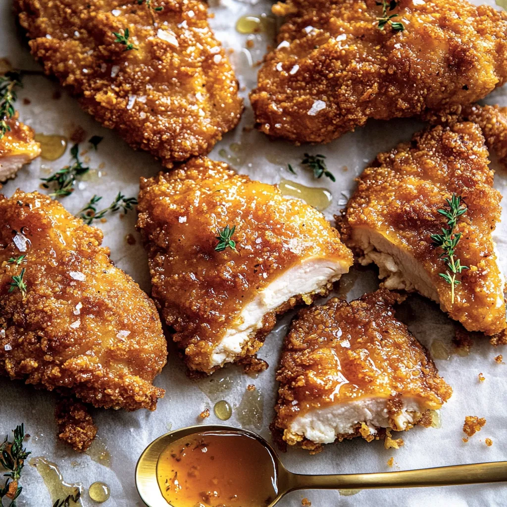 Poulet doré frit sur une assiette blanche.