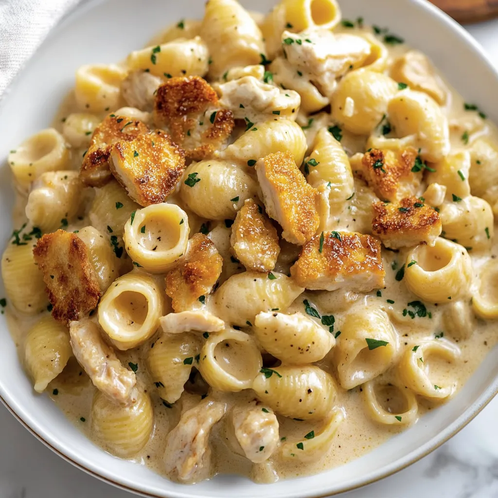 Un bol de pâtes avec poulet et fromage.
