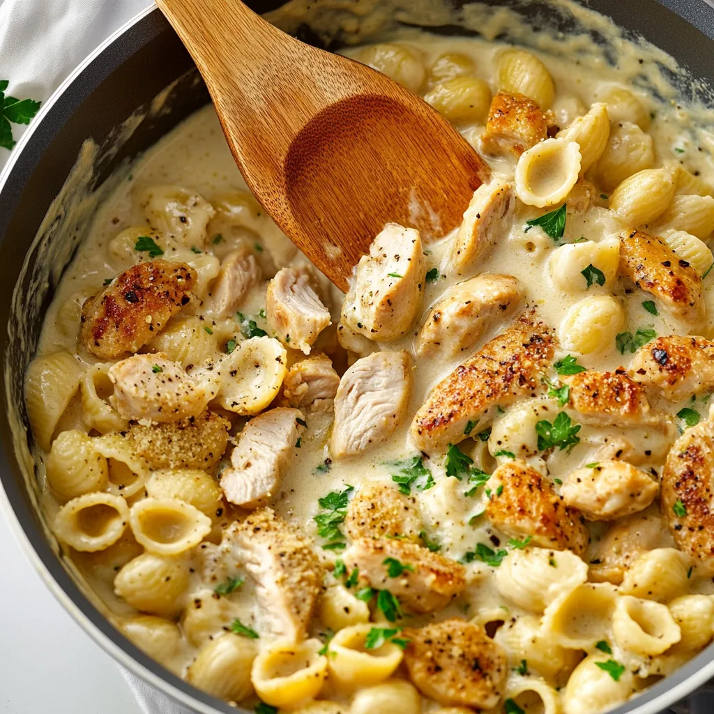 Un bol de macaroni au fromage avec du poulet.