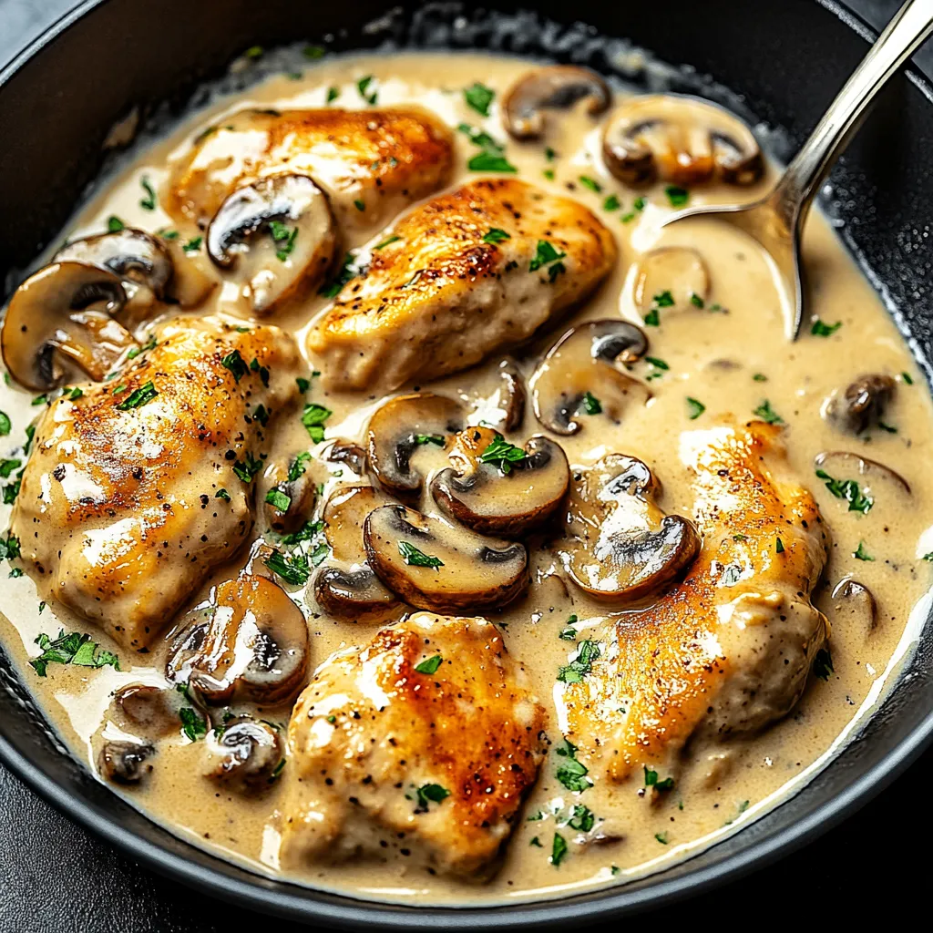 Un bol de poulet aux champignons et herbes.