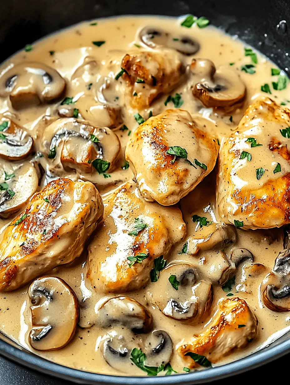 Poulet aux champignons dans une sauce brune.