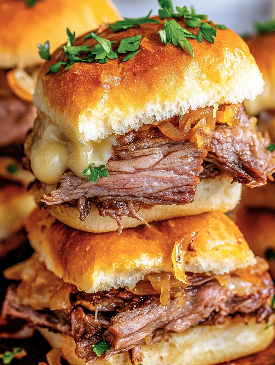 Une pile de sandwichs avec viande et oignons.