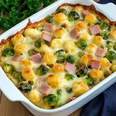 Gratin de gnocchi avec choux de Bruxelles et jambon