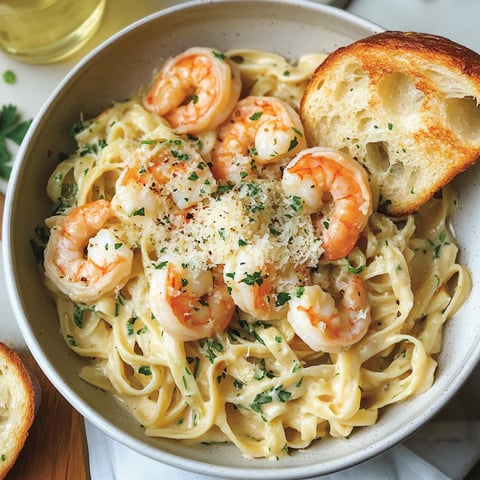 Un bol de pâtes aux crevettes avec une tranche de pain à côté.