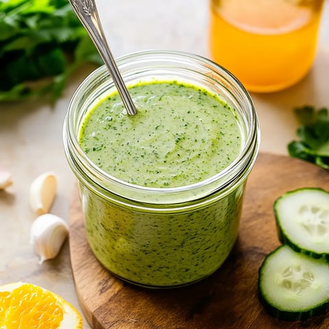 Un verre plein de sauce verte avec une cuillère dedans.