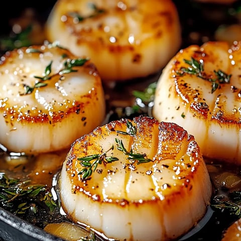 Poêle de coquilles cuites avec herbes fraîches.